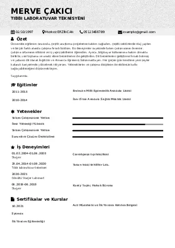 Laboratuvar Teknisyeni Cv Örnekleri cv indir